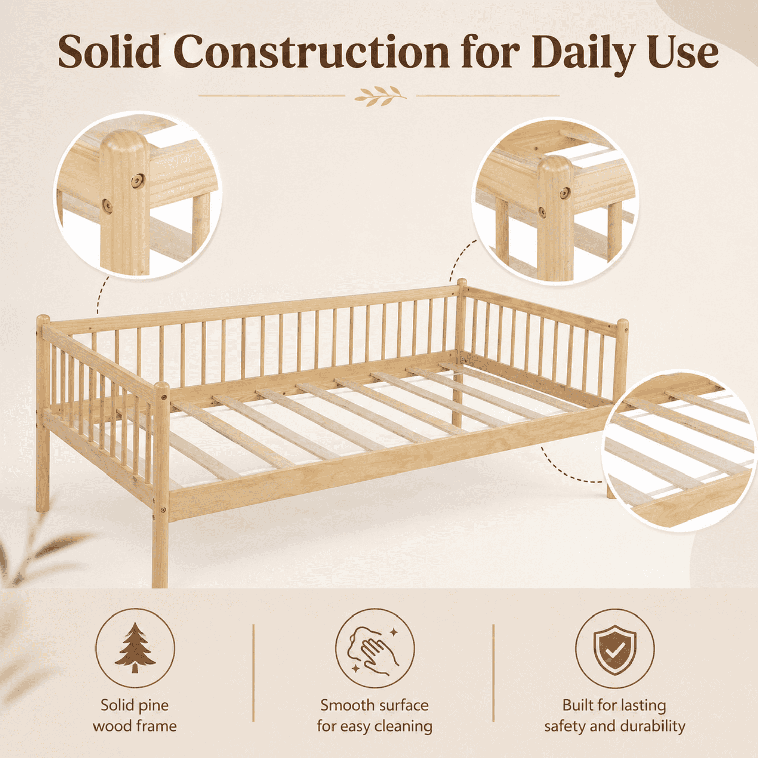 Miniyam Twin Wooden Daybed with Spindle Guardrails, Solid Pine Wood Bed Frame, Natural