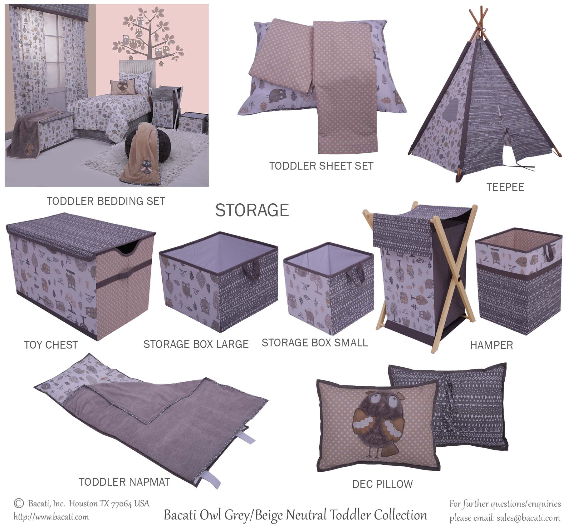Bacati - Owls Grey/Beige Neutral Cotton Crib/Toddler Crib Skirt