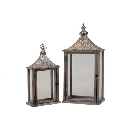 Wooden Lantern Set Of Two W/ Traditional Eastern Designed Metal Roof