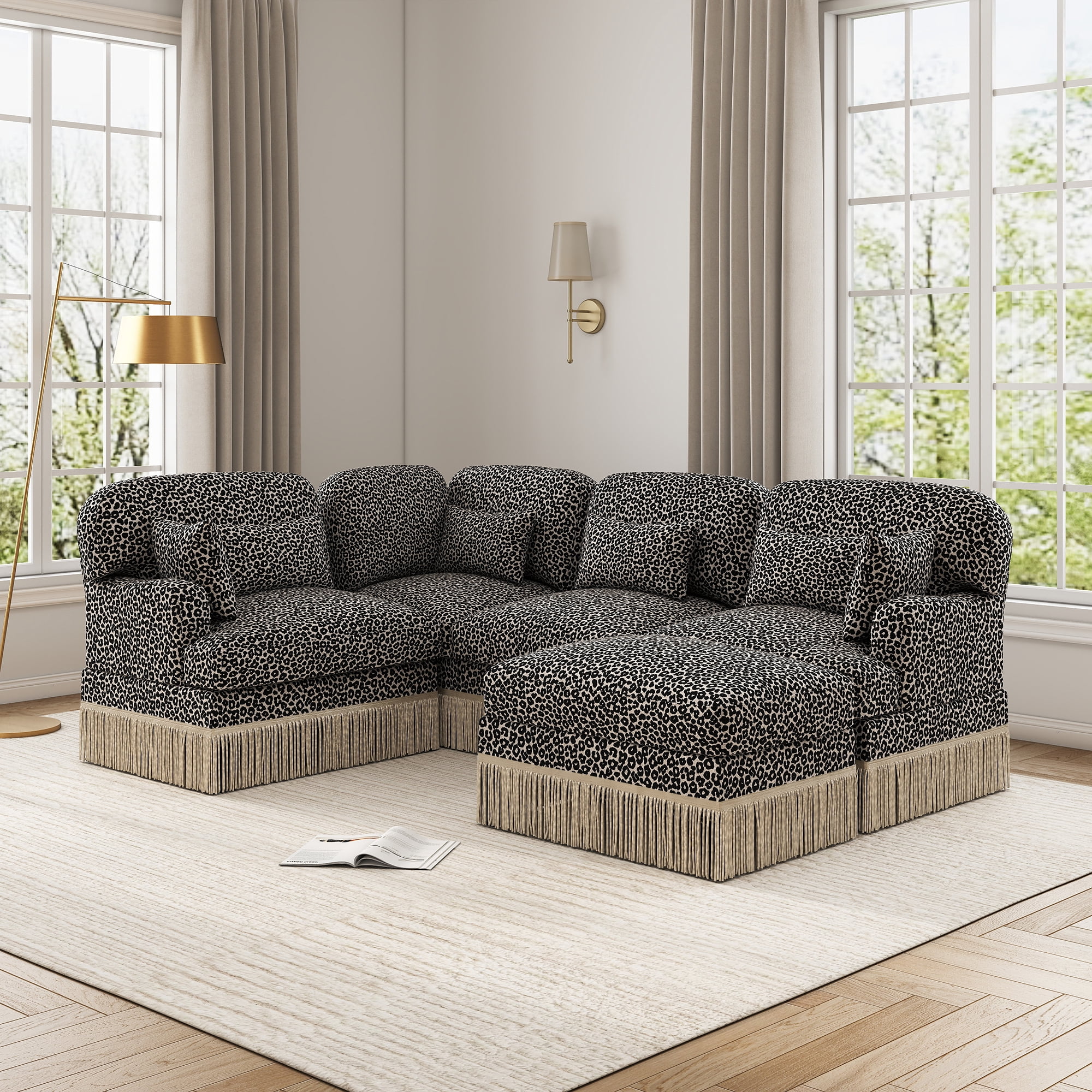 97" U Shaped Leopard Chenille 5 Seater Corner Sofa Couches with 2 Throw Pillows and 4 Lumbar Pillows