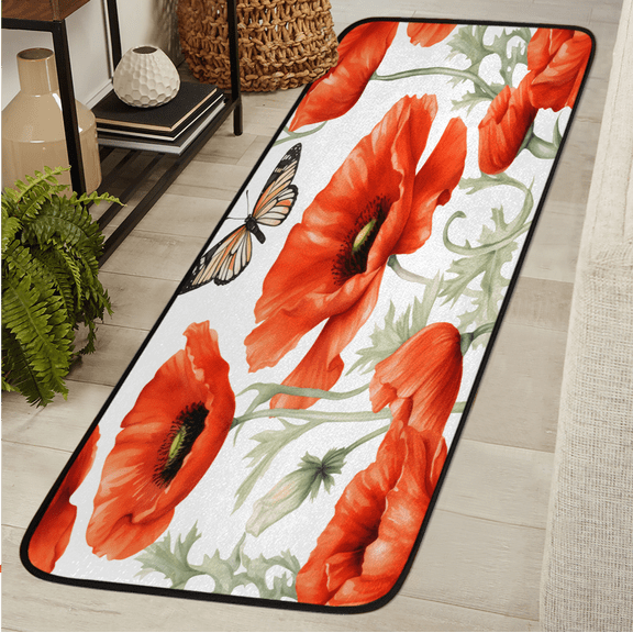 CURLYOOT Poppy Butterflies Floral Runner Rug 2'x6' Washable Kitchen Runner Rug Indoor Non Slip Laundry Rugs Floor Carpet for Hallway Kitchen Entryway Bedroom Living Room