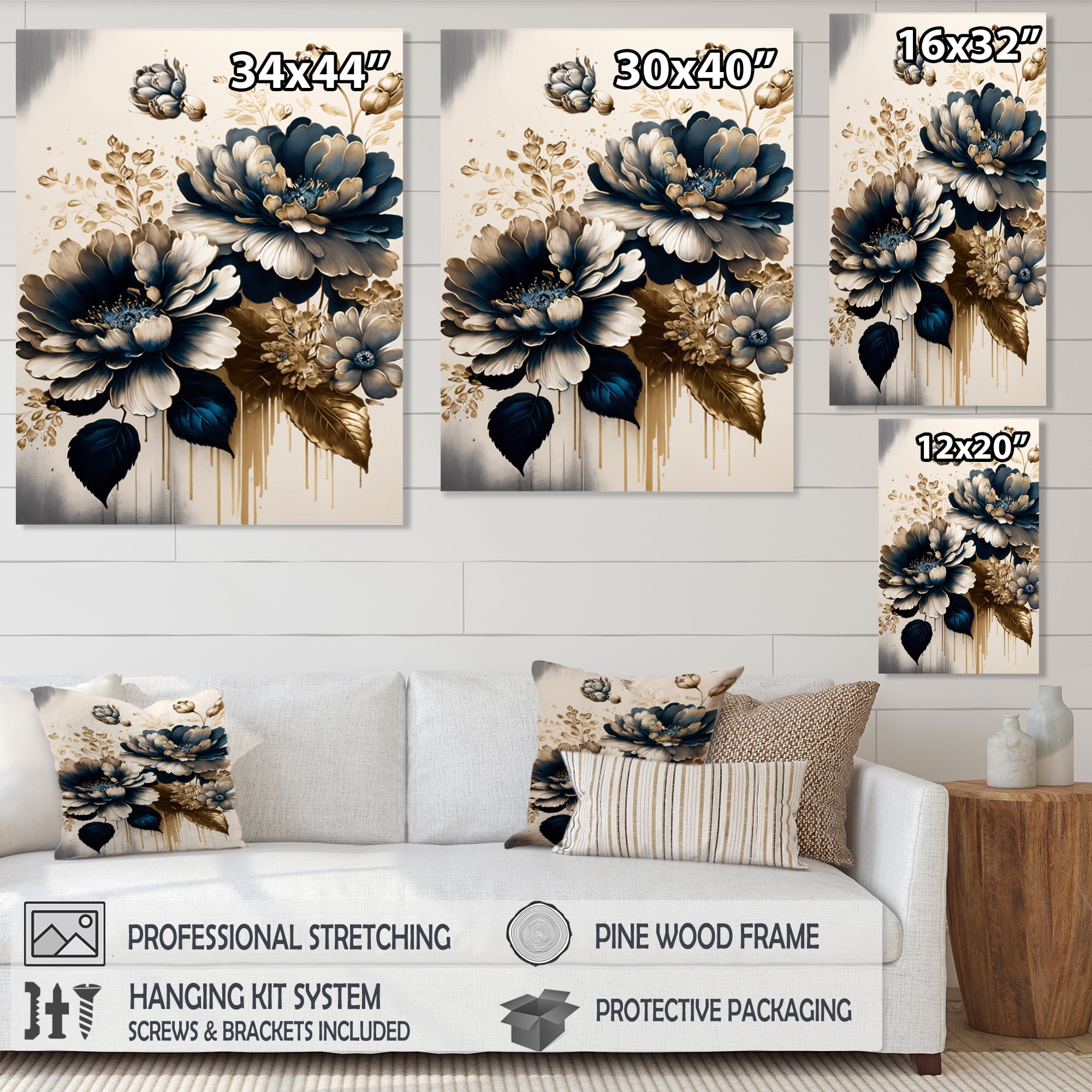 Designart Blue And Gold Zinnia Flowers III Canvas Wall Art