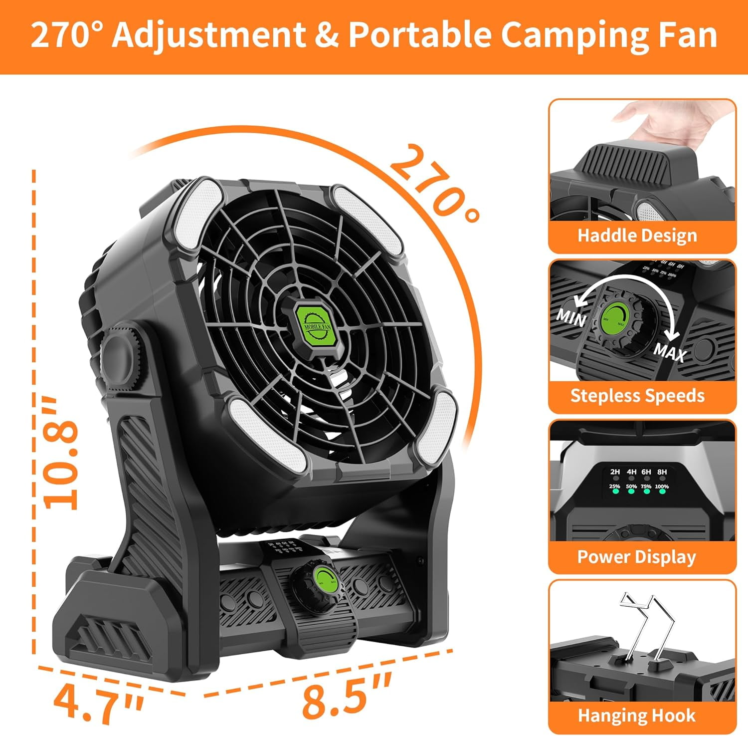 vhibuon 20000mAh Portable Camping Fan Rechargeable Portable fans for Travel Battery Powered Fan with LED Lantern 270° Rotation USB Desk Battery Rechargeable Tent for camping essentials w