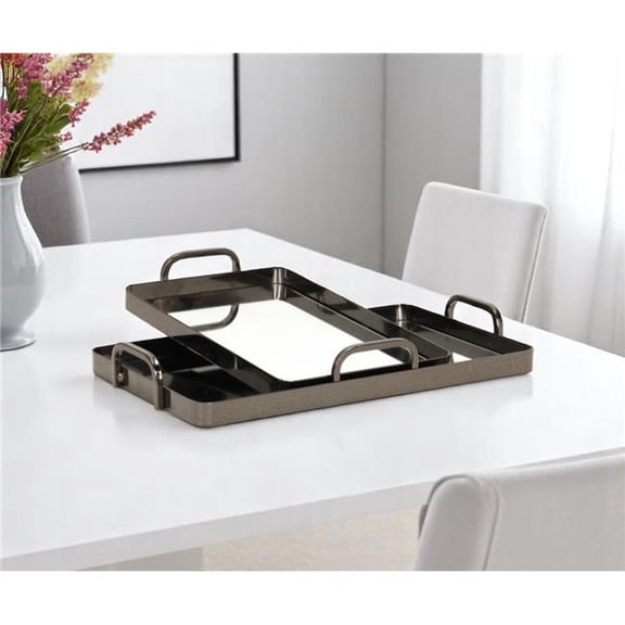 HomeRoots 625662 Pewter Aluminum & Mirrored Glass Handmade Serving Trays - Set of 2