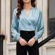 thumbnail image 5 of AUNVITO Women's Satin V-Neck Pleated Blouse with Elegant Design for Chic Style, 5 of 7
