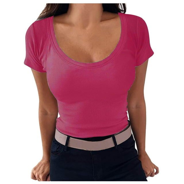 AherBiu Going out Tops for Women Ribbed Crop Tops Short Sleeve Scoop Neck Slim Basic Summer Top Tees Shirts