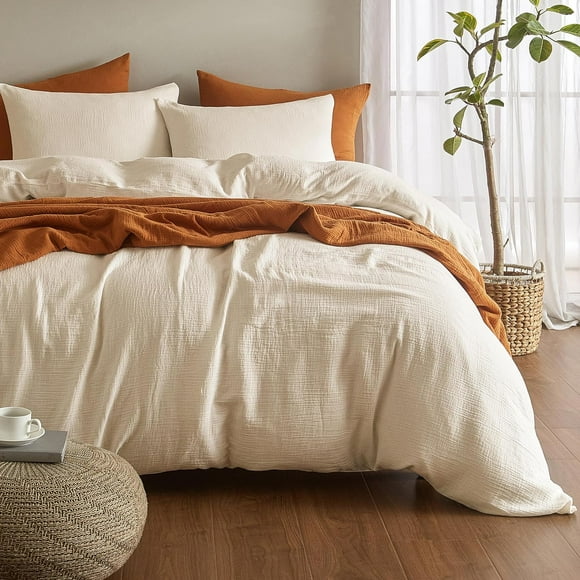 Muslin Duvet Cover Queen Size, 100% Washed Cotton Duvet Cover Set, Ultra Soft Comforter Cover Linen Like, 3 Pieces Minimalist Gauze Duvet Cover with 2 Pillowcases, 90"x90", Off-White