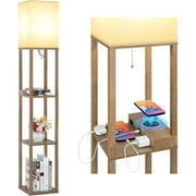 Mlambert Modern Shelf Floor Lamp with Wireless Charger & Fast Charging USB Ports & Type C Port & 2 Power Outlets,3 Tier Storage Lamp for Bedroom(Wood)