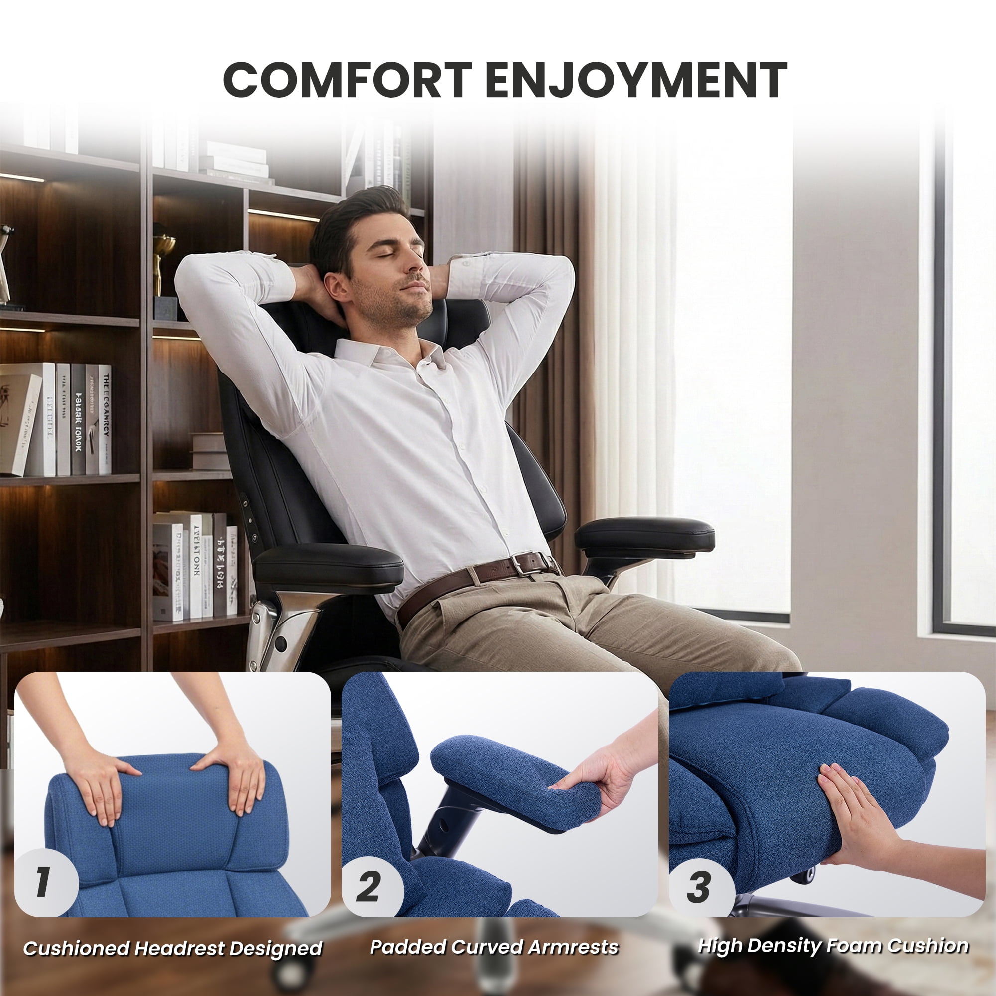 EOP 600LBS Big and Tall Heavy Duty Office Chair, Ergonomic Massage Desk Chair with 4D Adjustable Armrests, Fabric Executive Chair with Lumbar Support & Quiet Dual Rubber Wheels, Blue
