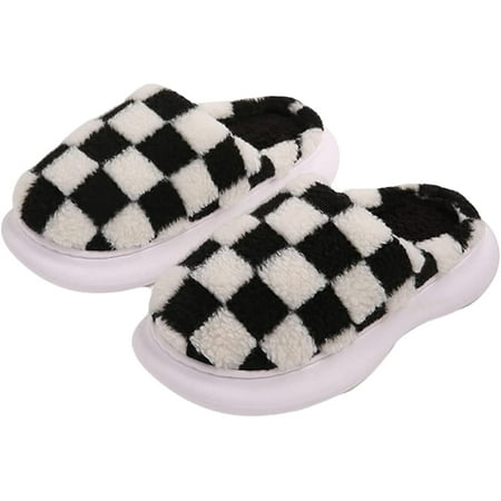 

PIKADINGNIS Unisex Checkerboard Slippers Winter Warm Plush Lining House Slipeprs Non-Slip Slipper Slides Indoor Outdoor