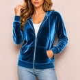thumbnail image 6 of Karymi Zip‑Up Velvet Hooded Jackets for Women, Drawstring Hood Long Sleeve Casual Outerwear with Kangaroo Pocket, 6 of 7