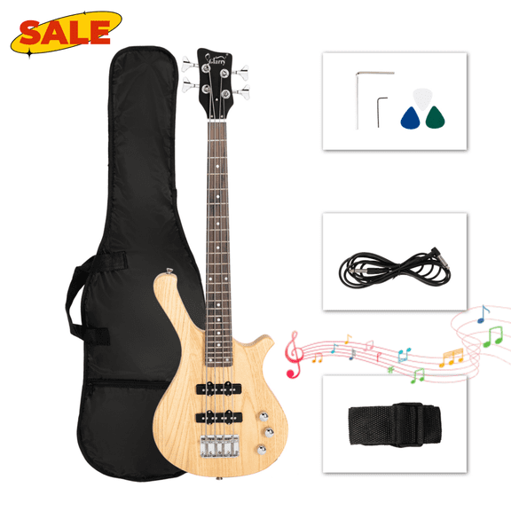 Hassch 36in Electric Bass Guitar, 4 String Beginner Starter Kit with Bag, Strap, Cable and Other Accessories, Burlywood