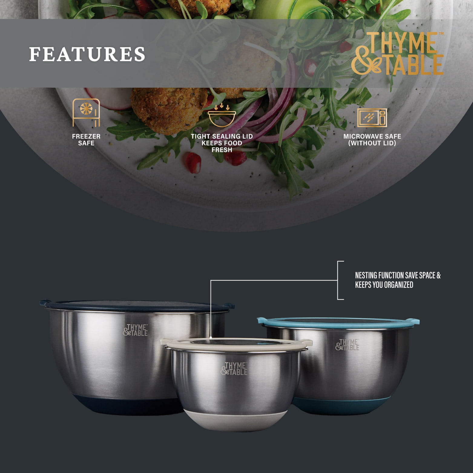 Thyme & Table 6-Piece Nesting Mixing Bowl Set with Easy Grip Transparent Lids - Blue
