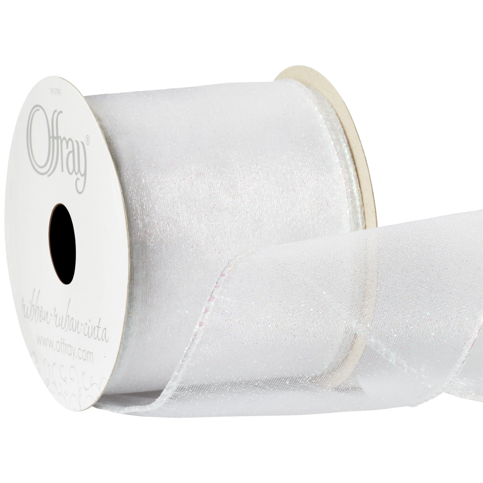 Offray Ribbon, White 2 1/2 inch Wired Edge Sheer Metallic Ribbon, 9 feet