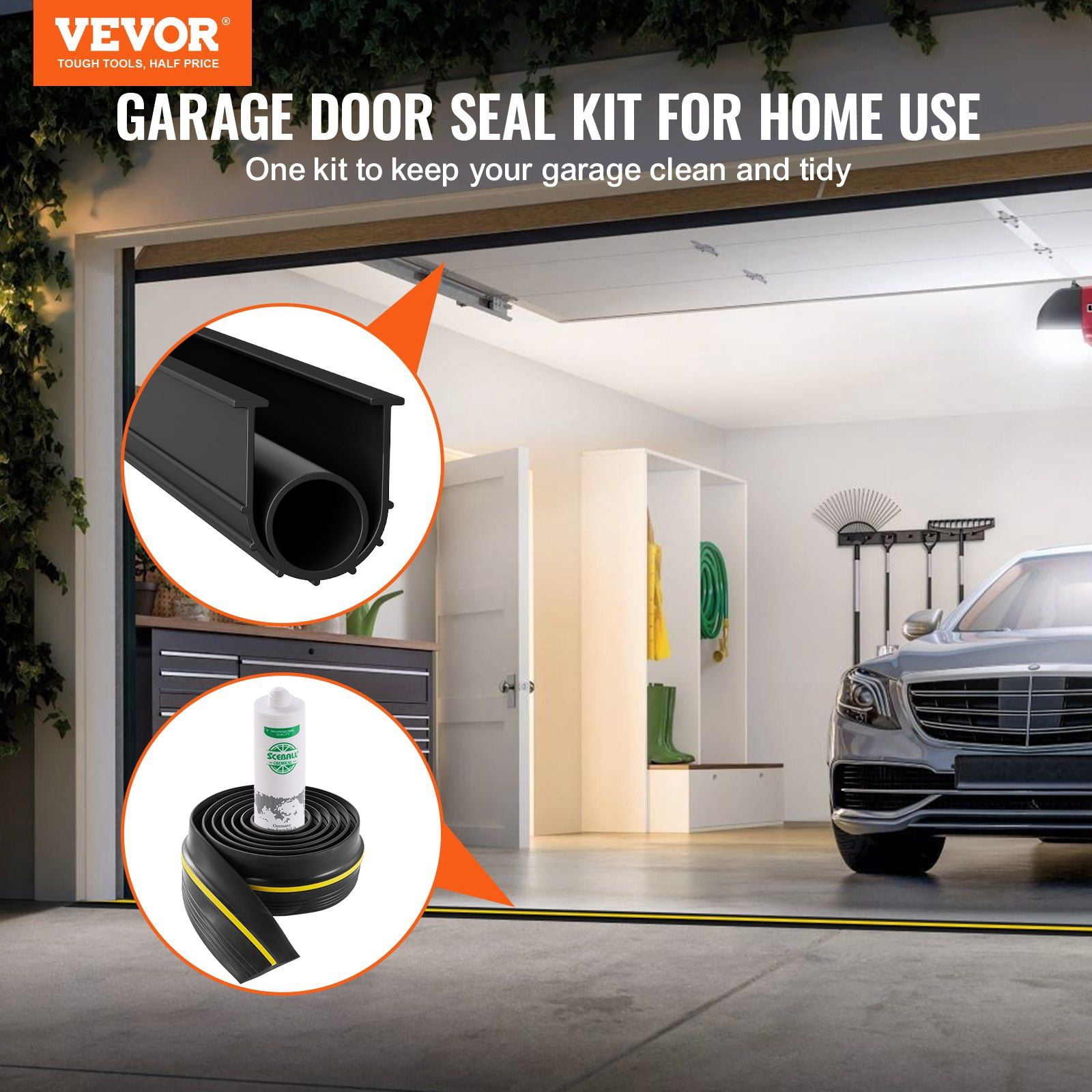Universal Garage Door Bottom Seal Kit 16 FT U Shape O Ring PVC Weatherstrip with Adhesive Black