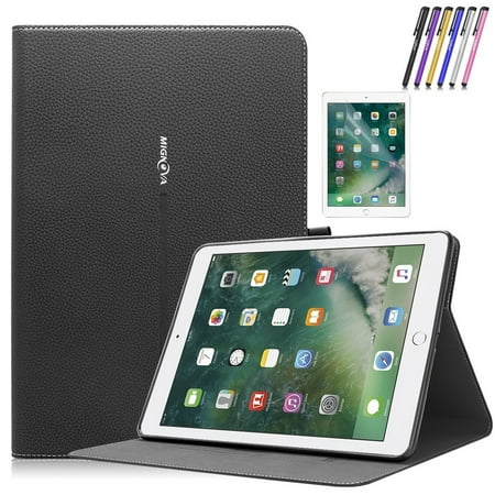 - New iPad 9.7 inch Case, Mignova Premium PU Leather Folio Case Smart Cover with Auto Sleep / Wake for Apple iPad 5th 6th Generation 2017/2018 A1822/A1823 + Screen Protector Film and Stylus Pen (Black)