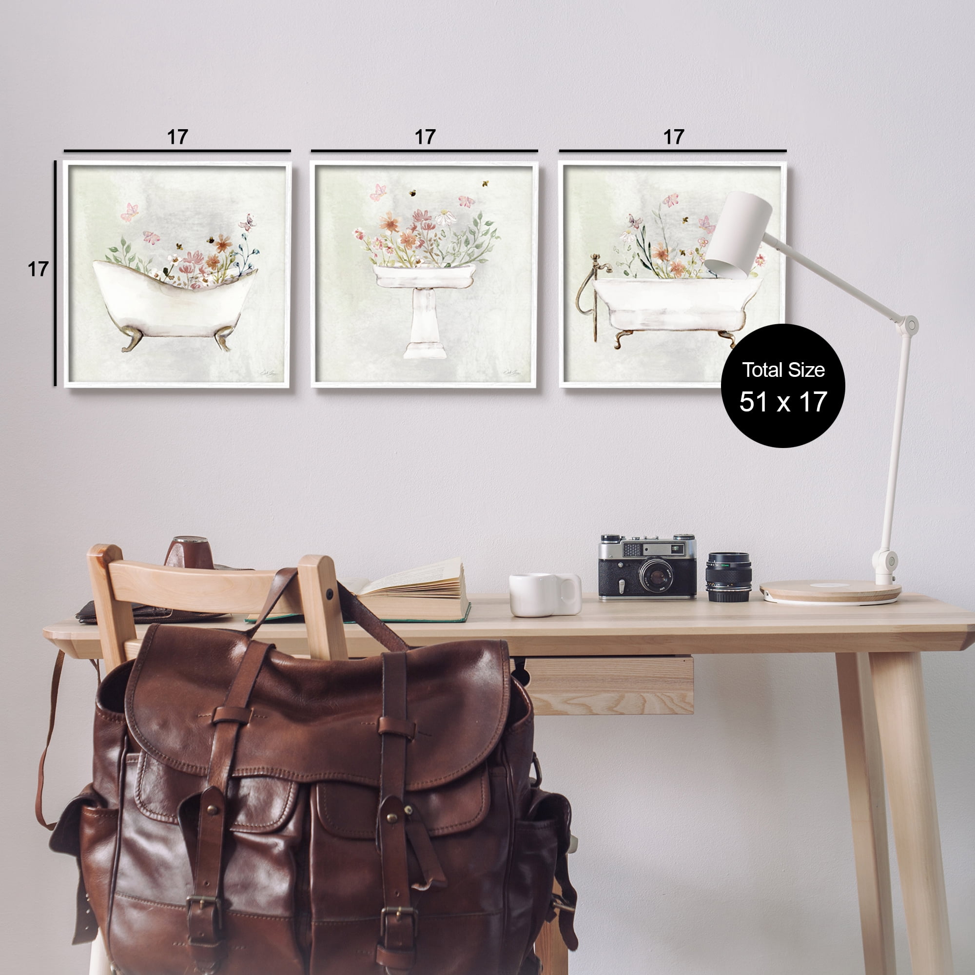 Stupell Industries Soft Floral Bathroom Scenes Botanical & Floral Painting White Framed Art Print Wall Art, 17 x 17, Set of 3
