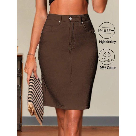 Brown High Waisted Denim Pencil Skirt Midi Length Stretch Cotton