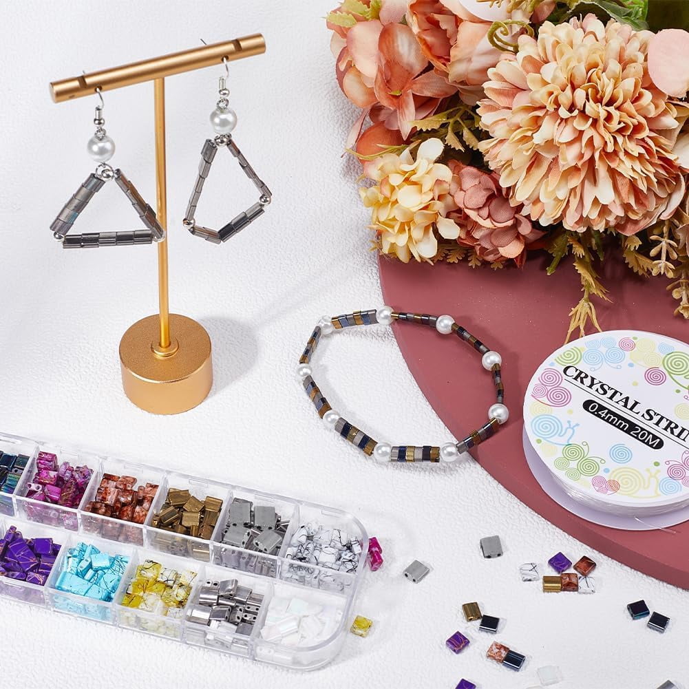 1 set DIY Tile Bracelet Making Kit Including 2-Hole Rectangle Glass Seed Beads Big Eye Beading Needles Elastic Thread Mixed color Beads: 5x4.5~x2~2.5mm Hole: 0.5~0.8mm 480pcs/set