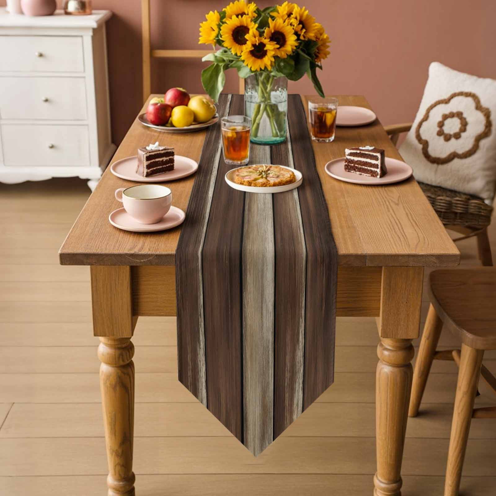 Table Runners 72 Inches Long, Brown Wooden Cotton Linen Kitchen Dining Coffee Table Runner for Party Home Decor, Vintage Farmhouse Retro Art Tabletop Dresser Scarves Runner Decor 13x72 Inch