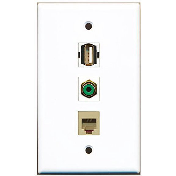 RiteAV - 1 Port RCA Green and 1 Port USB A-A and 1 Port Phone RJ11 RJ12 Beige Wall Plate