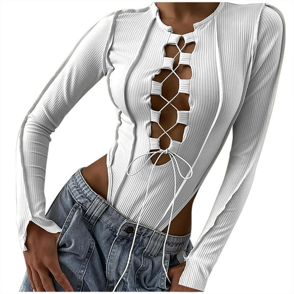 Tejiojio Casual Women's Shorts Clearance Fashion Women Sexy V-Neck Long Sleeve Solid Tight T-Shirt Autumn Blouse Bodysuits Cutout Jumpsuit