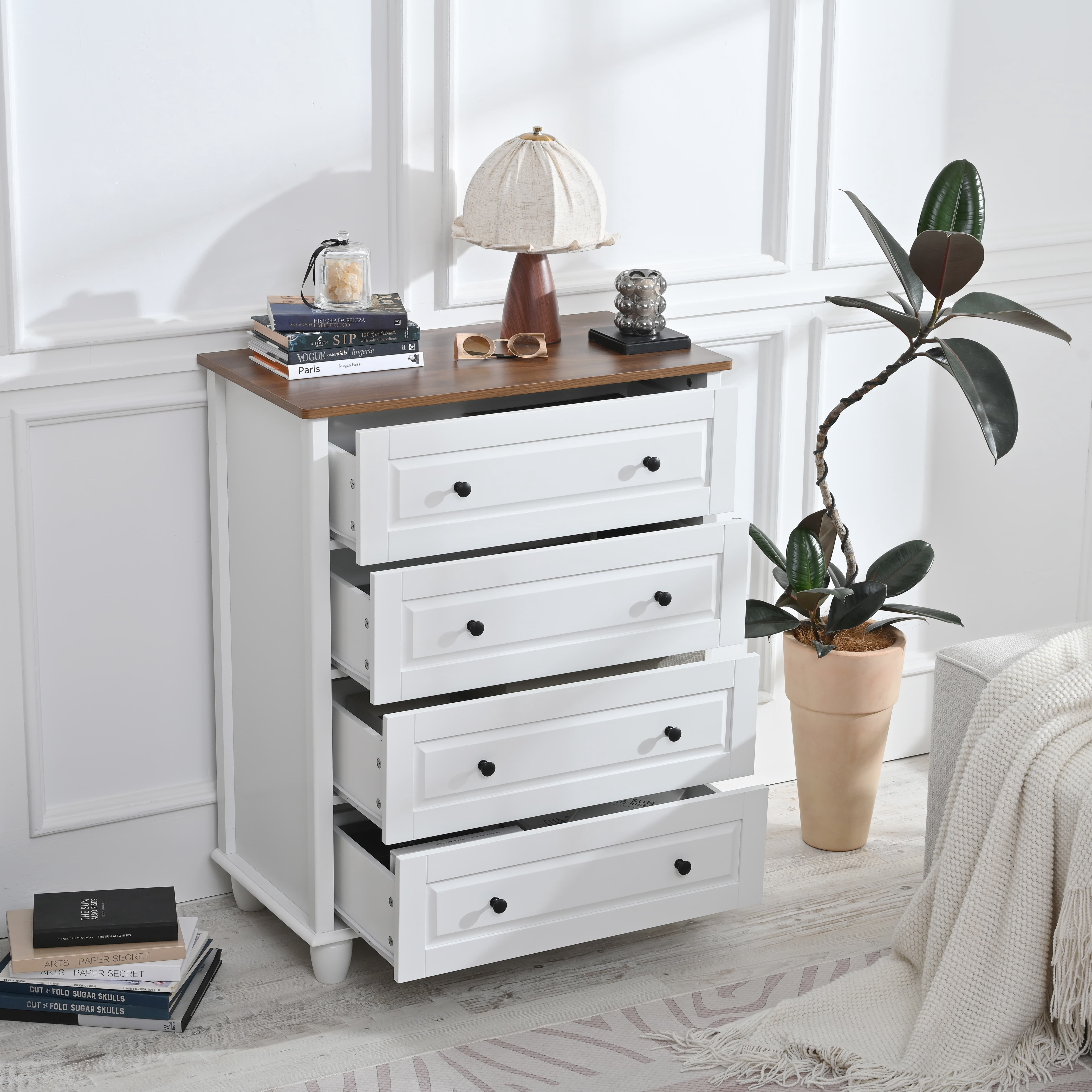 Aukfa 4 Drawer Dresser,Wood Closet Tall Chest of Drawers Storage Cabinet for Nursery Bedroom Living Room Hallway, White