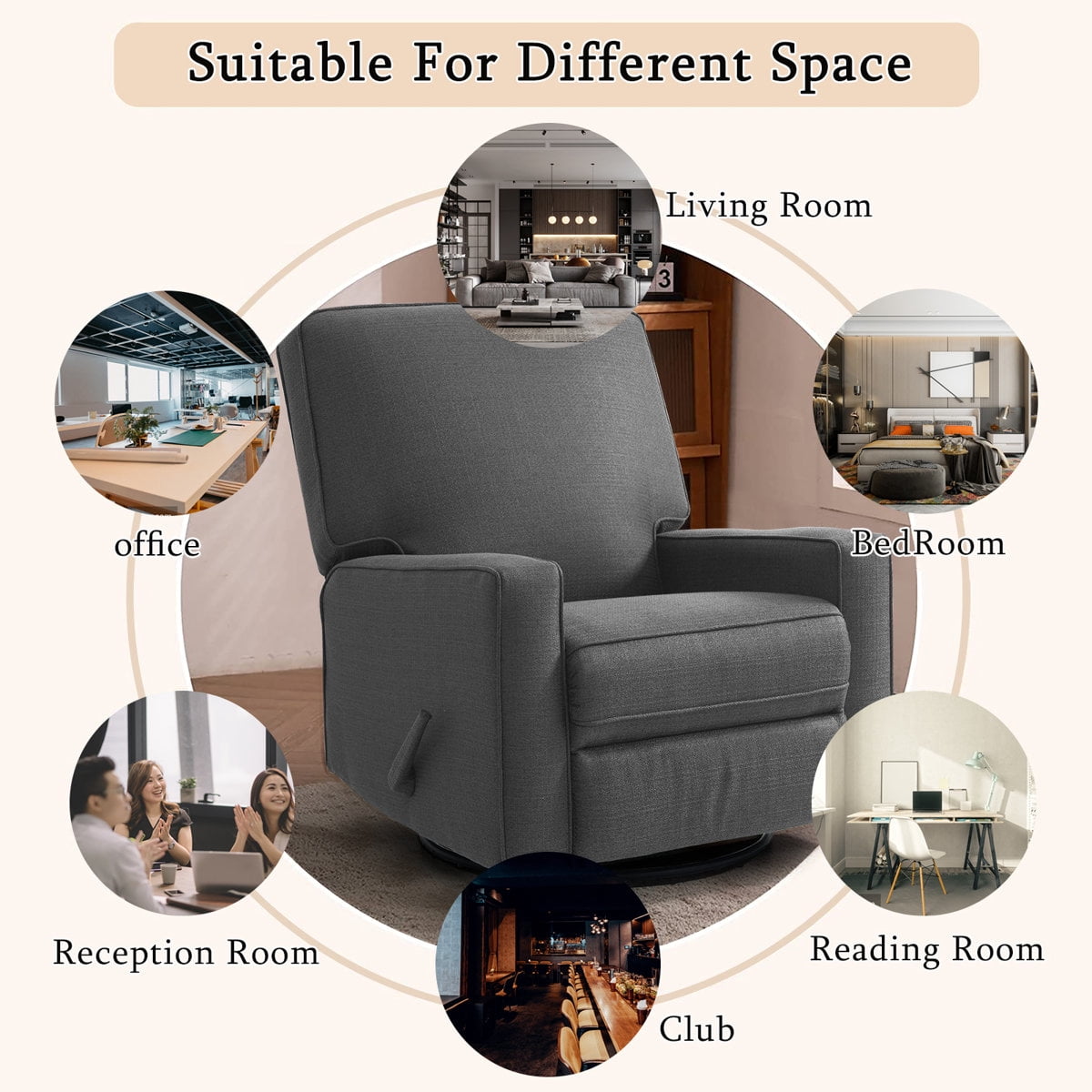 360° Swivel Rocker Recliner , Glider Rocker Recliner, Rocking Chairs for Nursery, Linen Fabric Chair with High Back, Deep Seat, for Living Room, Bedroom, DarkGrey