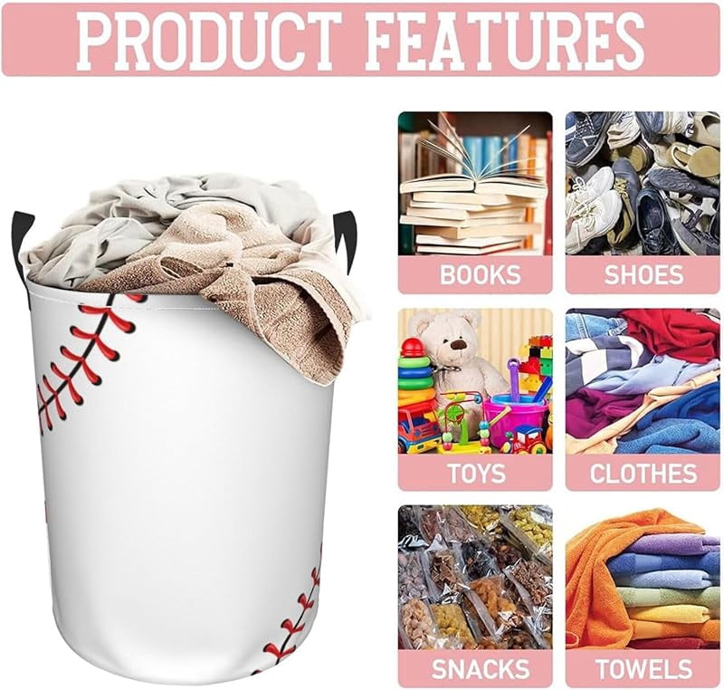Baseball Texture Laundry Hamper Bag With Waterproof Liner - Round Laundry Basket Foldable Clothes Storage Organizer For Bathroom Bedroom Nursery Dorm