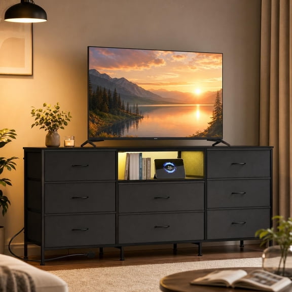 TV Stand for 45-65 Inch TVs with LED Lights, 8 Fabric Drawers, Metal Frame, Wood Top, Entertainment Center for Living Room, Bedroom, Hallway,Gray