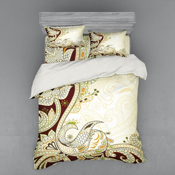 Ethnic Duvet Cover Set, Oriental Floral Leaf Pattern with Middle