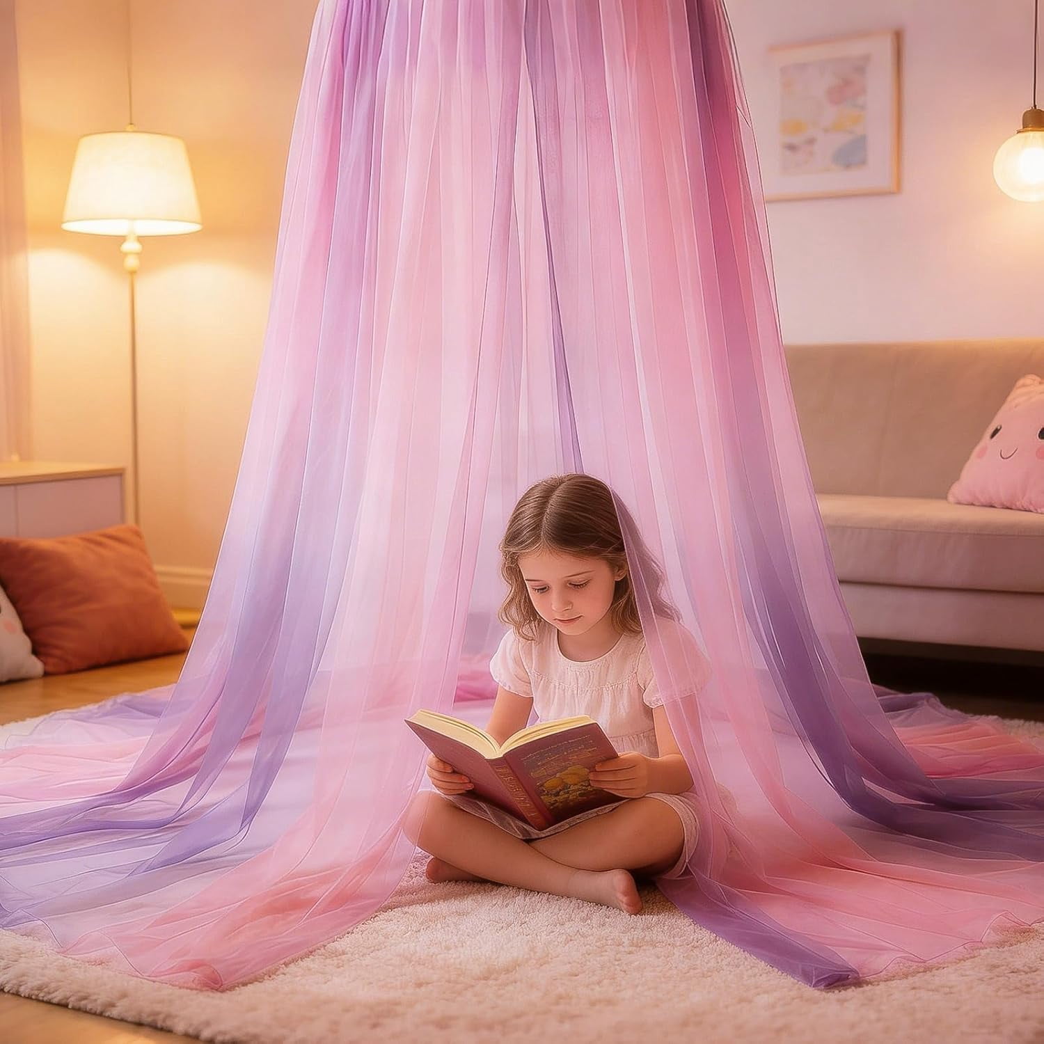 Mosquito Net Bed Canopy for Girls, Princess Bed Canopy Curtains Hanging Netting Bedroom Decor for Girls, Adults, Baby Crib, Dome Mosquito Netting Bed Tent Purple & Pink