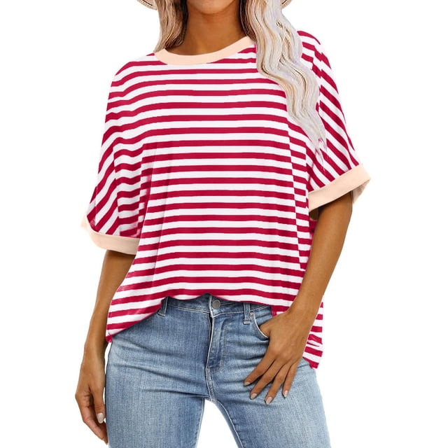 Pisexur Hauts d'Été pour Femmes Mode Décontractée Blouses à Imprimé Rayé Amples Confortables T-Shirts à Col Rond Basiques Polyvalents à Manches Courtes Hauts de Sortie T-Shirts Chemises