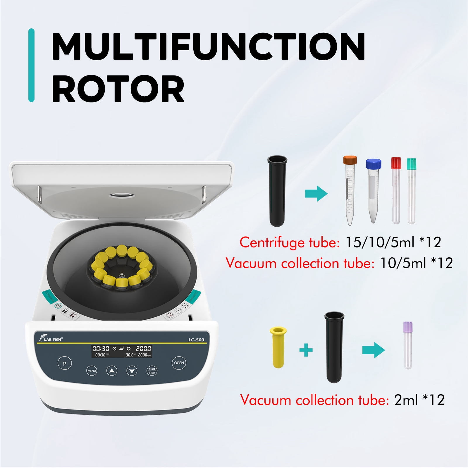 LAB FISH LC500-12 Low Speed Lab Centrifuge, 12-Place 4000rpm, 2075xg, 9 Programs, for 2ml/5ml/10ml/15ml Tubes – Benchtop Machine for PRP, Plasma, PRF Separation