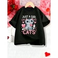 thumbnail image 1 of Cute Cat & Heart Print Black Cotton Knit Crew Neck Short Sleeve T-Shirt - Women's Casual Summer Fashion Top for Cat Lovers, 1 of 6