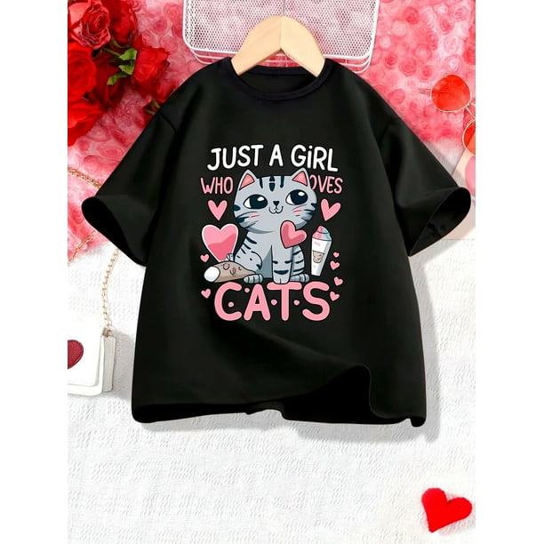 Cute Cat & Heart Print Black Cotton Knit Crew Neck Short Sleeve T-Shirt - Women's Casual Summer Fashion Top for Cat Lovers