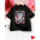 thumbnail image 1 of Cute Cat & Heart Print Black Cotton Knit Crew Neck Short Sleeve T-Shirt - Women's Casual Summer Fashion Top for Cat Lovers, 1 of 6
