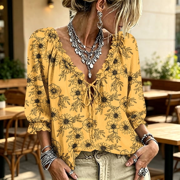 Polka Dot Lace Up Blouse Boho Tops V Neck Casual Vacation Clothes Beach Vacation Clothes