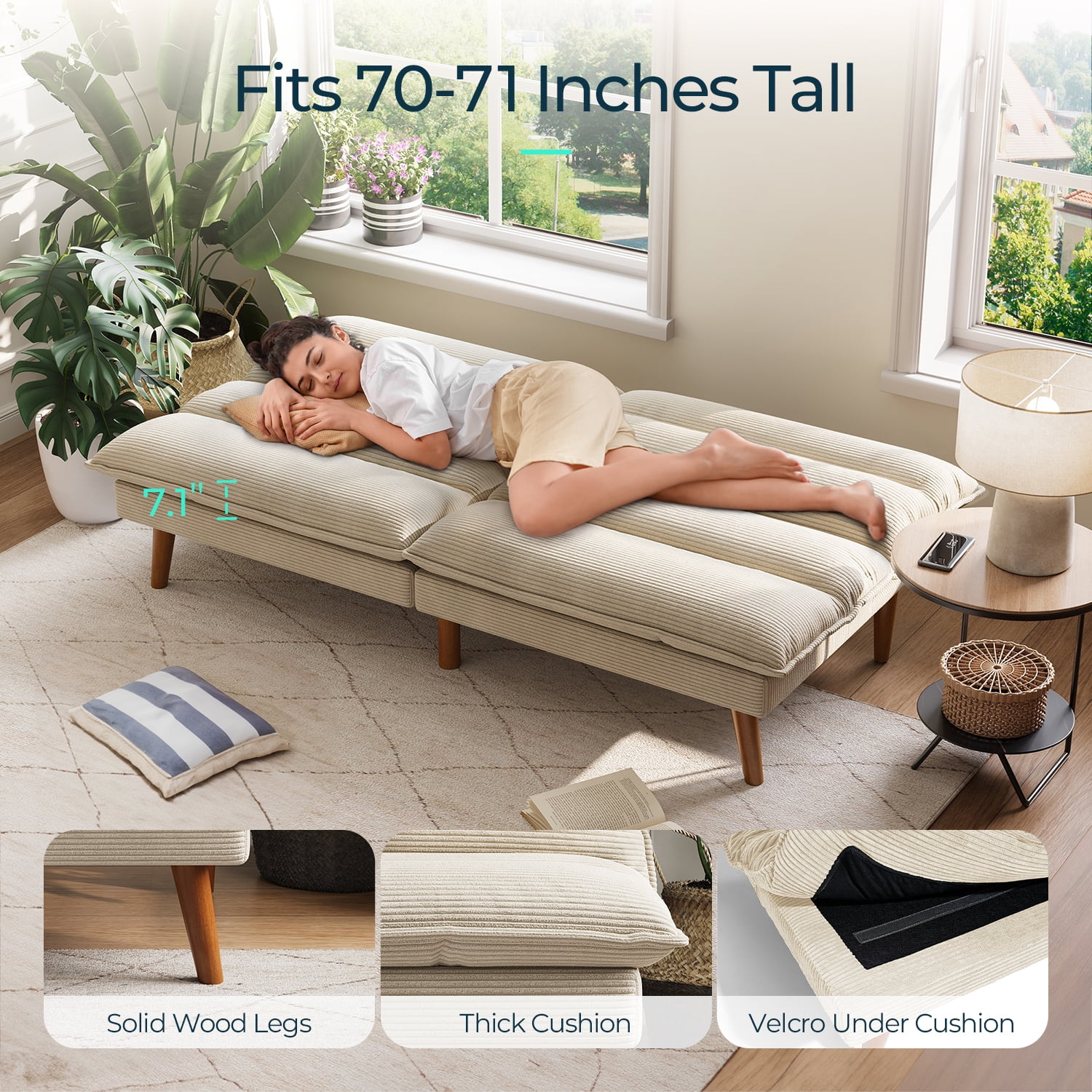 Linsy Home Convertible Futon Sofa Bed, Wooden Arms, 100% Corduroy, 75"W x 21"D x 23.30"H, White