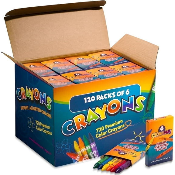 Bedwina Bulk Crayons - Case of 120 6-Packs Total 720 Crayons Bulk School Supplies for Kids & Toddler, Teachers & Classroom, Nontoxic Travel Crayons Party Favors, Goody Bags Stocking Stuffers
