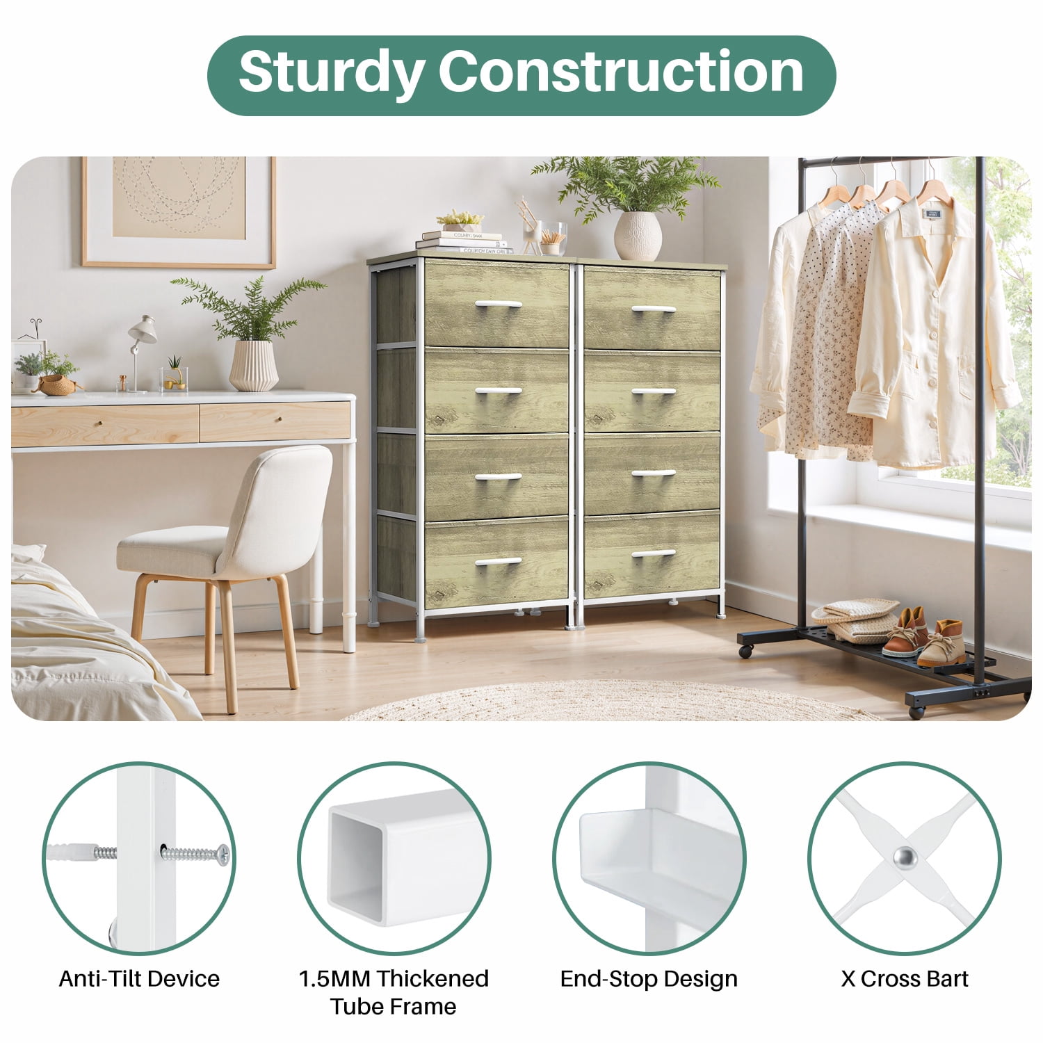 Beddle Dresser with 4 Fabric Drawers for Bedroom, Wide Storage Chest with Drawer Organizer for Closet or Living Room, Oatmeal