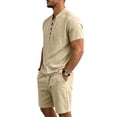 thumbnail image 4 of Mens Linen 2 Piece Set Short Sleeve Retro Medieval Viking Lace Up Henley Pirate Shirt and Shorts Summer Distressed Vacation Outfits Khaki, 4 of 9