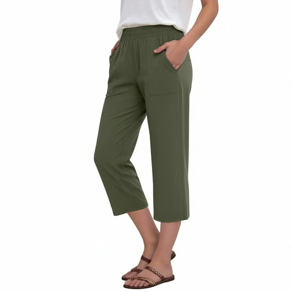 Womens Cotton Linen Pants Wide Leg Capris Elastic Waisted Casual Summer Beach Capri Pant with Pockets (XL, Green)