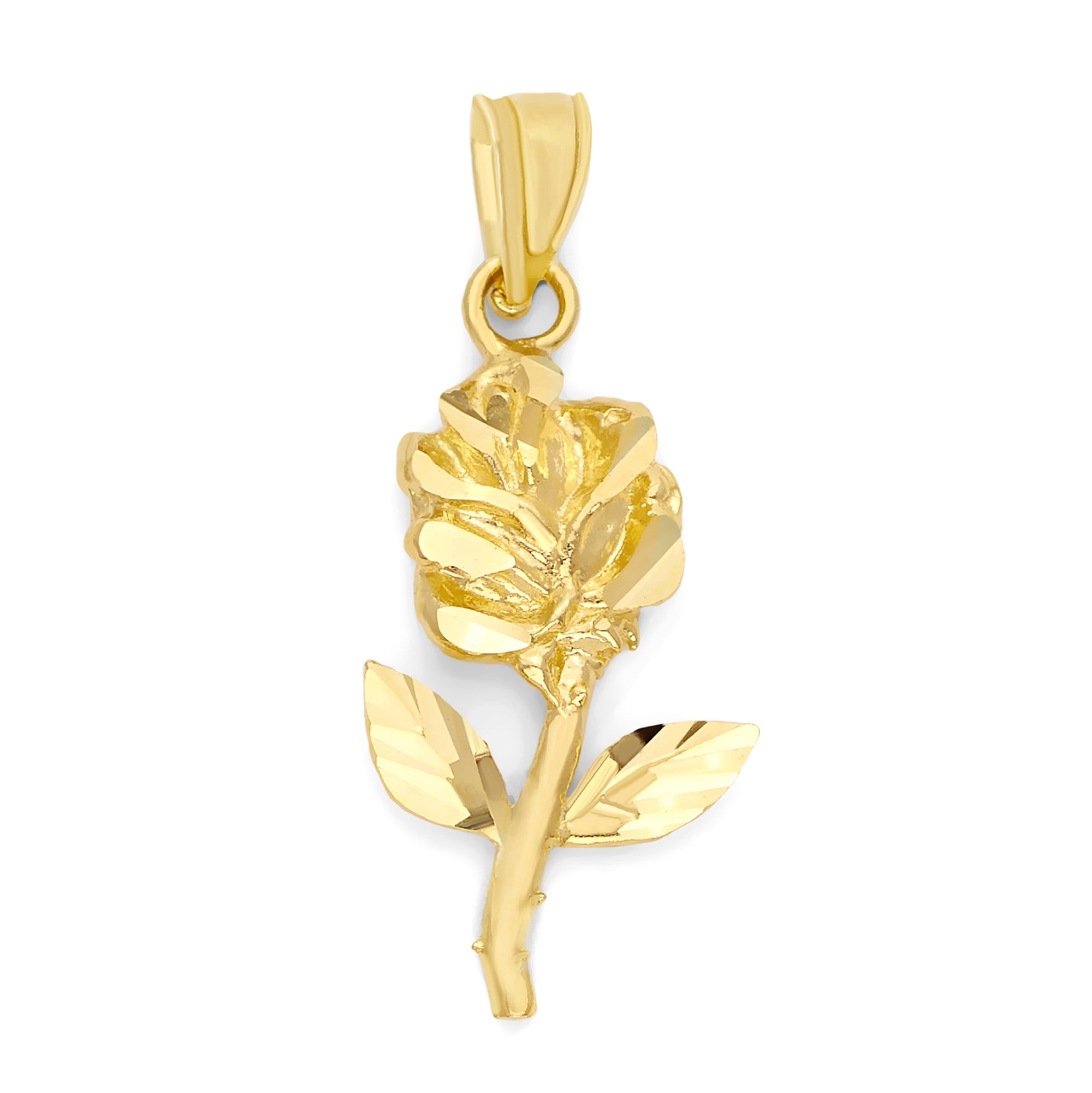 10k Real Solid Gold Rose Pendant with Diamond Cut Detail, Floral Jewelry Gifts for Her