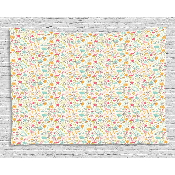 Doodle Tapestry, Hand Drawn Style Mother Nature Pattern Botanical Garden Plants Cheerful Spring Art, Wall Hanging for Bedroom Living Room Dorm Decor, 60W X 40L Inches, Multicolor, by Ambesonne