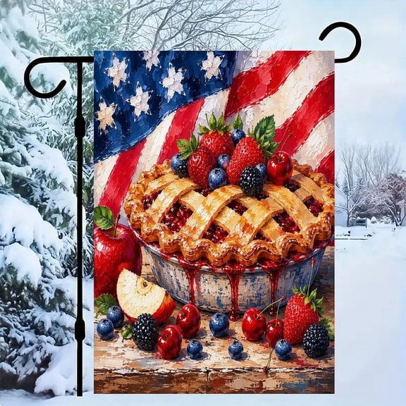 RKSupls Patriotic Linen Double Sided Garden Flag, Independence Day Themed Yard Decor, Berry Pie American Flag Still Life Outdoor Banner for Holiday Lawn