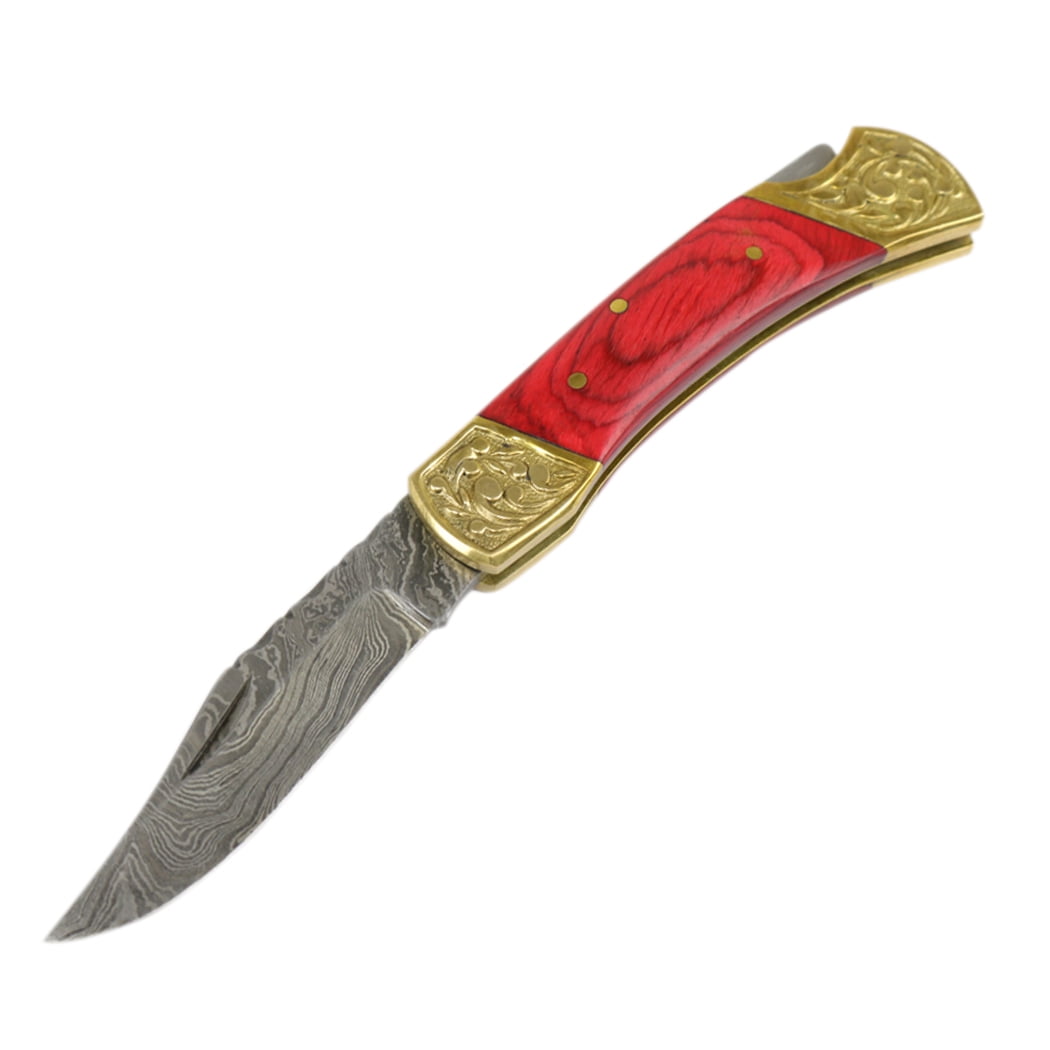 TheBoneEdge 7' Hand Made Damascus Blade Folding Knife Pakkawood Handle Red New