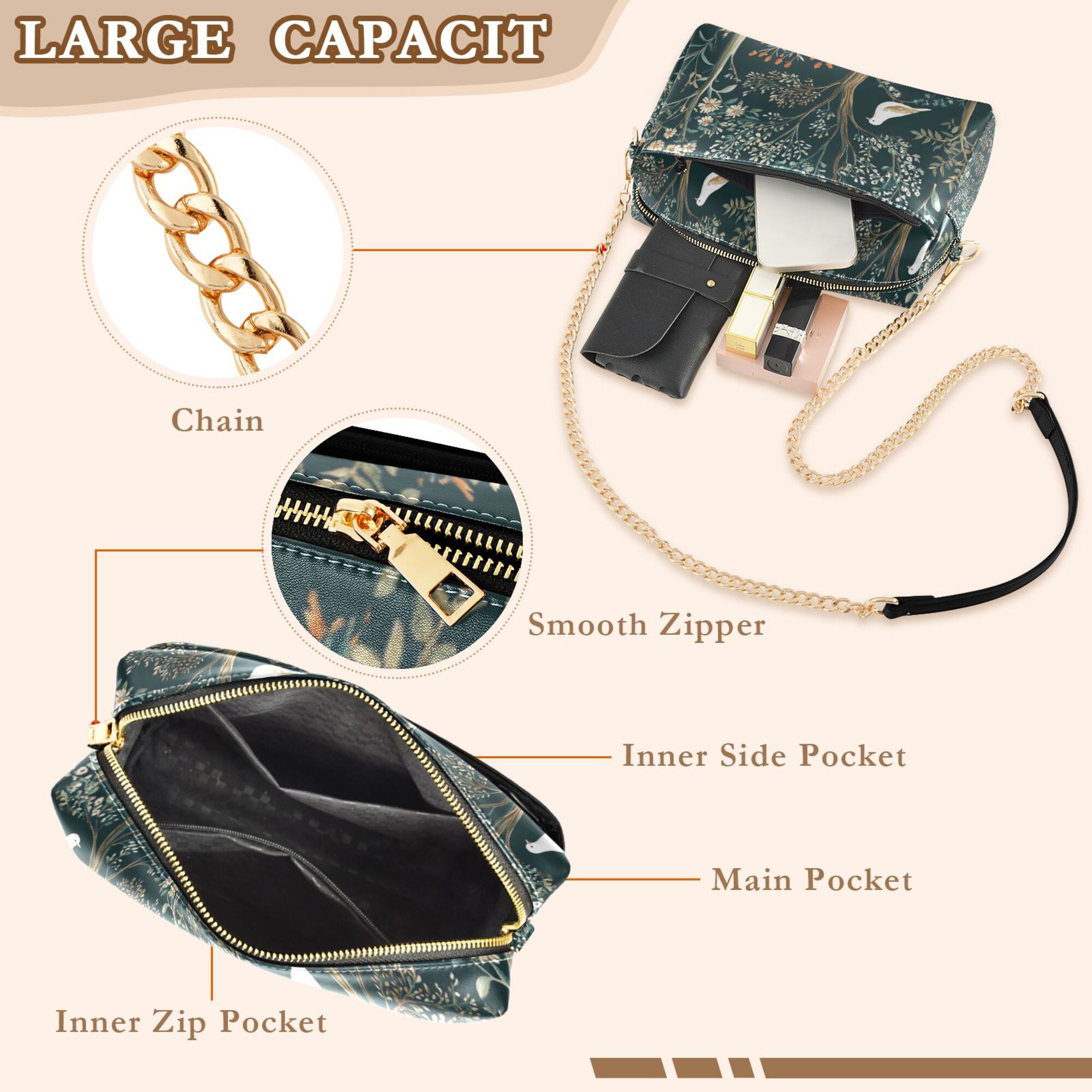 FORMRS Women Crossbody Purse with Chain Strap Vegan Leather Shoulder Handbag, Floral Forest Scene