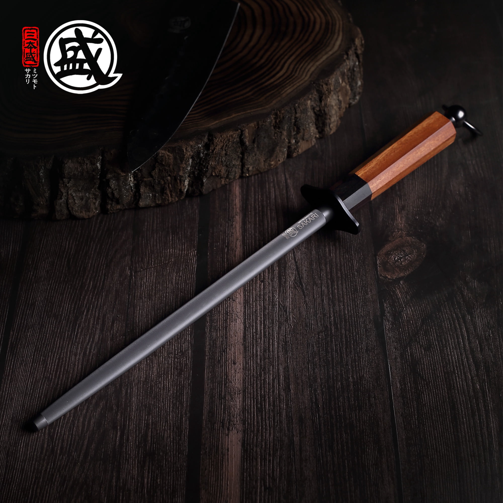 MITSUMOTO SAKARI 10 inch Japanese Knife Sharpening Honing Rod, Professional Kitchen Knife Sharpener, Japanese High Carbon Round Honing Steel (Sourwood Handle)