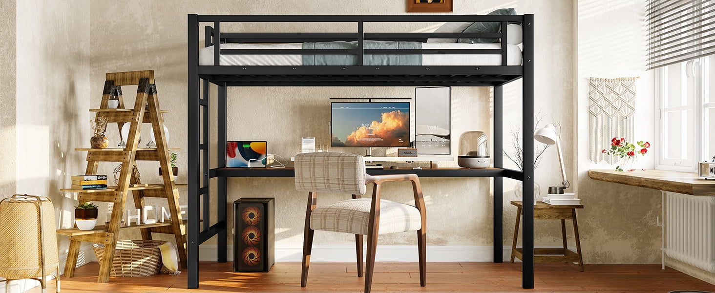 Mintazer Twin Metal Loft Bed with Desk and Charging Station & LED Lights for Bedroom Dorm, Black